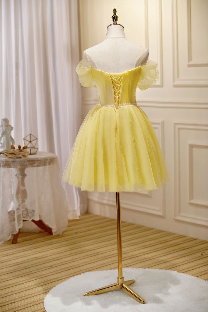 Yellow Sweetheart Off Shoulder Lace Up Back A-line Graduation Party Short Homecoming Dresses Formal Evening Party Dresses, QB0826