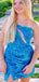 Elegant Blue Sequin One Shoulder Beading Cheap Simple Short Homecoming Dresses,QB0417