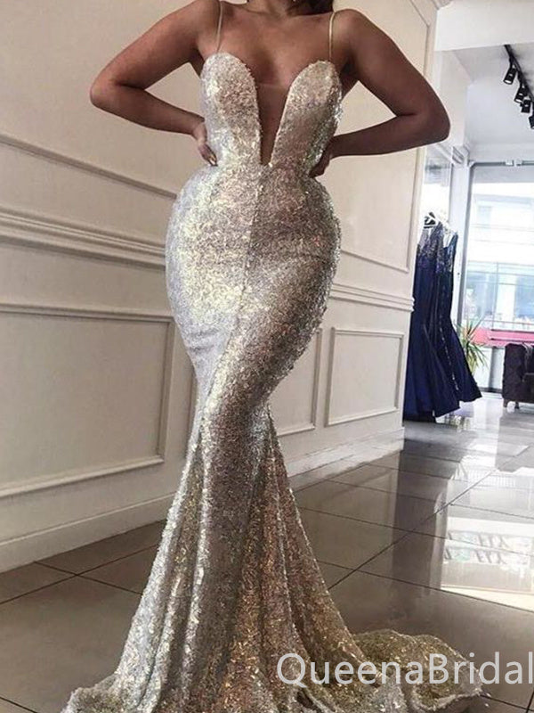 Sexy Sparkle Plunging Mermaid Spaghetti Straps Evening Gown Long Formal Dresses Prom Dresses , WGP749