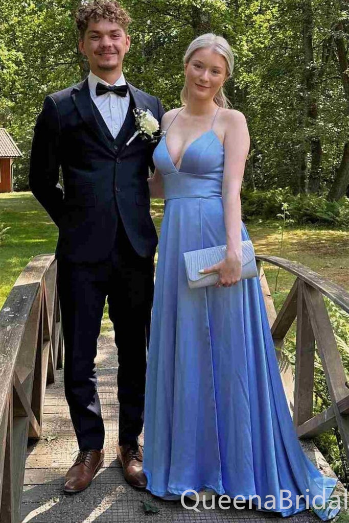 Sexy Blue V Neck Lace up Back Spaghetti Straps A-line Long Party Dress Long Prom Dresses to Impress ,WGP1453