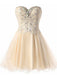 Champagne Strapless Sweetheart Lace Appliques Beaded Lace Up Back Graduation Party Short Homecoming Dresses, QB0789