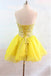 Yellow Strapless Beaded Sweetheart Lace Up Back A-line Graduation Party Short Homecoming Dresses Formal Evening Party Dresses, QB0828