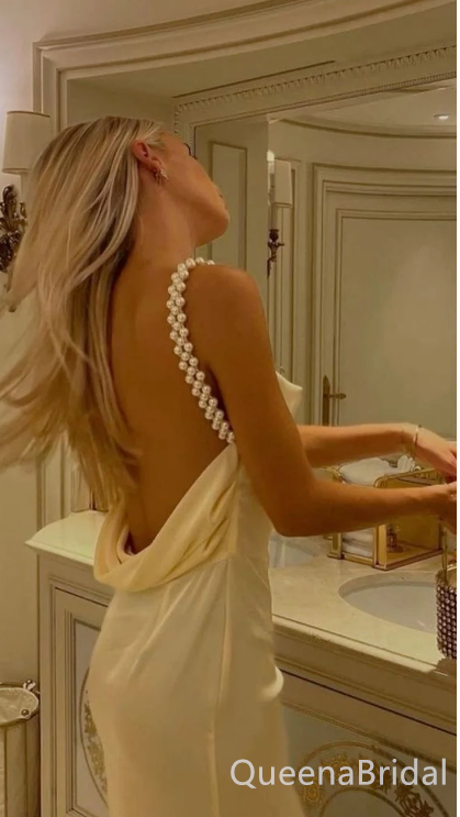 Pastel Yellow Satin Prom Dress with Pearl Straps - Backless Formal Gown, WGP1659