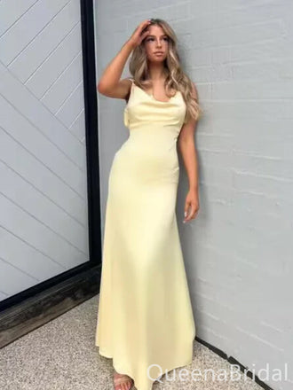Pastel Yellow Satin Prom Dress with Pearl Straps - Backless Formal Gown, WGP1659