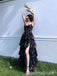Sexy Black Spaghetti Strap Side Slit Ruffles A-Line Evening Long Prom Dresses,WGP463