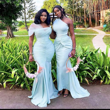 Mismached Elegant Blue Pleats One Shoulder Simple Cheap Mermaid Long Bridesmaid Dresses, BDS0204