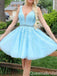 Sexy Beading Elegant Sky Blue Plunging A-line Leaf Appliques Tulle Short Homecoming Dresses with Pleats, QB0604