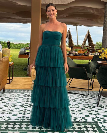 Elegant Peacock Blue Tulle Strapless Prom Dress- Tiered Layered Maxi Wedding Guest Dress, WGP296