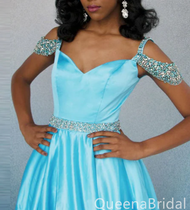 Elegant Sky Blue Satin Prom Dress - Beaded Off-the-Shoulder A-Line Formal Gown, WGP666