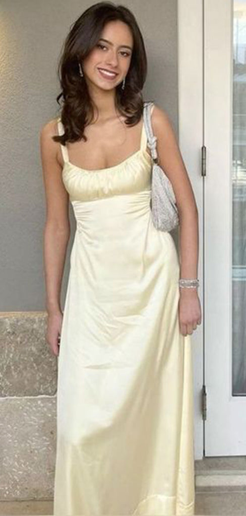 Elegant Pale Yellow Scoop Spaghetti Strap A-line  Evening Prom Dresses,WGP467