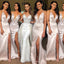 Champagne Spaghetti Straps Mermaid Plunging Lace up Back Long Bridesmaid Dresses ,BDS0218