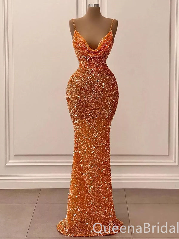 Shiny Orange Spaghetti Straps Mermaid Party Dress Long Prom Dresses to Impress ,WGP1608