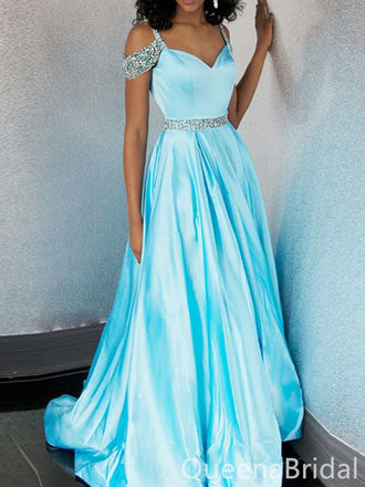 Elegant Sky Blue Satin Prom Dress - Beaded Off-the-Shoulder A-Line Formal Gown, WGP666