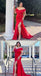 Red Off Shoulder V Neck Mermaid Long Bridesmaid Dresses with Slit ,BDS0223