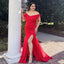 Red Off Shoulder V Neck Mermaid Long Bridesmaid Dresses with Slit ,BDS0223