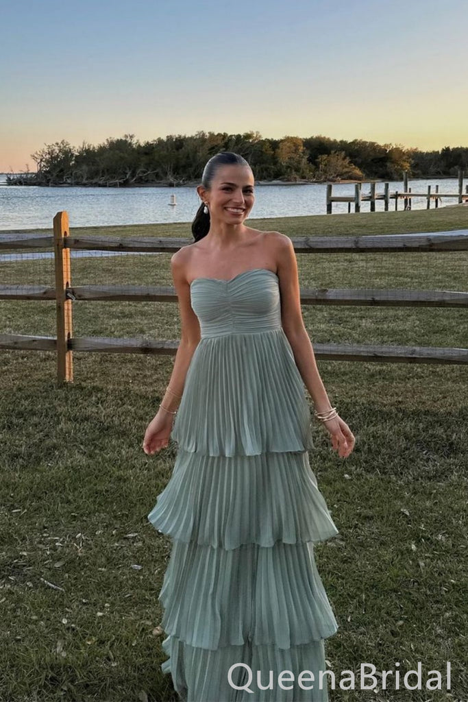 Elegant Green Chiffon Pleated A-line Prom Dress - Strapless Tiered Layered Formal Gown, WGP1099