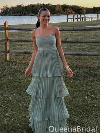 Elegant Green Chiffon Pleated A-line Prom Dress - Strapless Tiered Layered Formal Gown, WGP1099