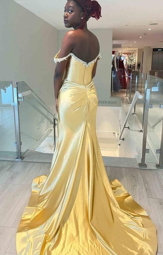 Glamorous Gold Satin Off-the-Shoulder Prom Dress - Beaded Mermaid Formal Gown with Train, WGP556