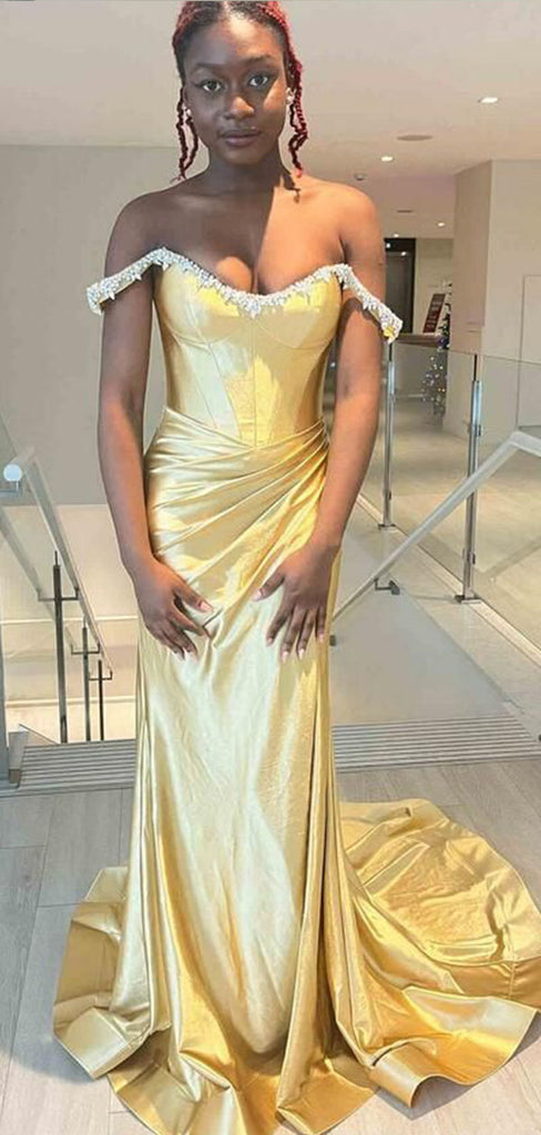 Glamorous Gold Satin Off-the-Shoulder Prom Dress - Beaded Mermaid Formal Gown with Train, WGP556