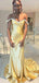 Glamorous Gold Satin Off-the-Shoulder Prom Dress - Beaded Mermaid Formal Gown with Train, WGP556