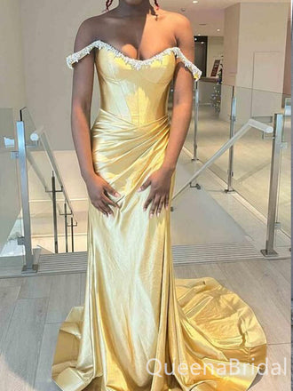 Glamorous Gold Satin Off-the-Shoulder Prom Dress - Beaded Mermaid Formal Gown with Train, WGP556