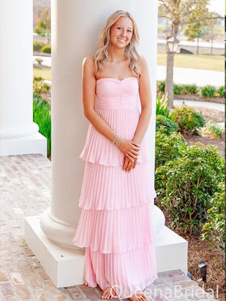 Romantic Pink Chiffon Pleated A-line Prom Dress - Strapless Tiered Layered Formal Gown, WGP1100