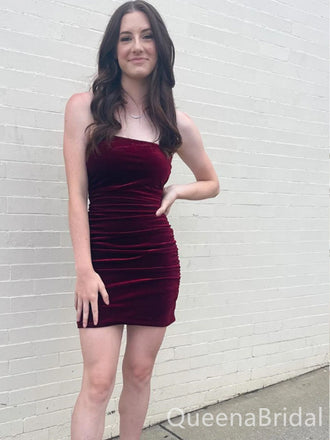 Sexy Burgundy Mermaid Simple Open Back Short Homecoming Dresses Tight ,QB0633