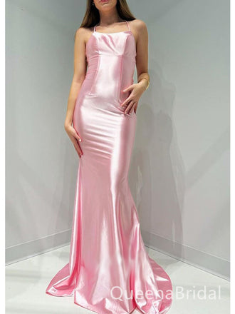 Elegant Pink Satin Halter Graduation Prom Dress with Lace-Up Back, WGP505