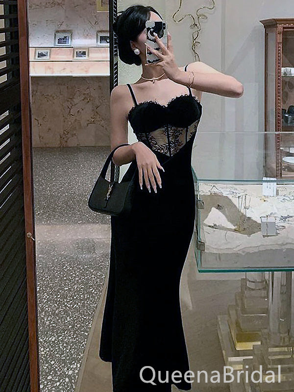 Sexy Black Spaghetti Straps Mermaid Sweet Heart Long Evening Prom Dresses,WGP448