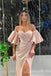 Sexy Off-the-shoulder Sweetheart High Slit Mermaid Pink Evening Gown Long Formal Dresses Prom Dresses with Bubble Sleeves , WGP753