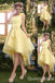 Light Yellow One Shoulder Lace Appliques Graduation Party Short Homecoming Dresses with Bow Knot, QB0800
