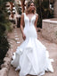Elegant White V Neck Ruffle Spaghetti Straps Mermaid Long Wedding Dresses,WGP210