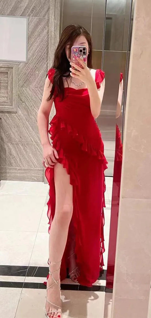 Sexy Red Spaghetti Straps Mermaid Ruffles Side Slit Long Evening Prom Dresses,WGP447