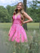 Elegant Pink Spaghetti Straps Appliques Lace V Neck Short Homecoming Dresses,QB0389