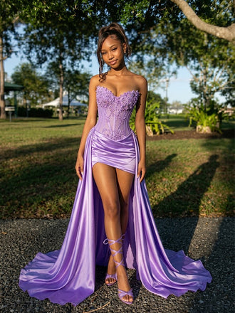 Stunning Purple Strapless Lace Beaded High Low Evening Gown, Prom Dress, WGP2299