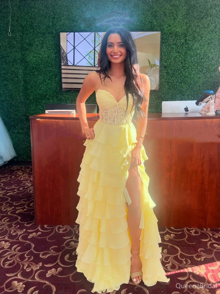 Sexy Yellow A-line Sweetheart Slit Long Formal Gown to Impress,WGP1760