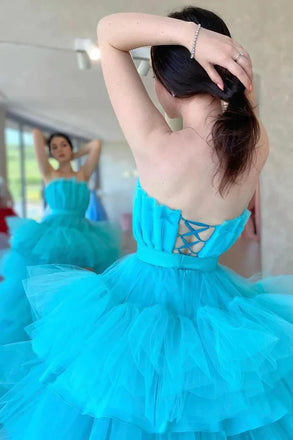 Sky Blue A-line Strapless High Low Long Party Prom Dresses,WGP282
