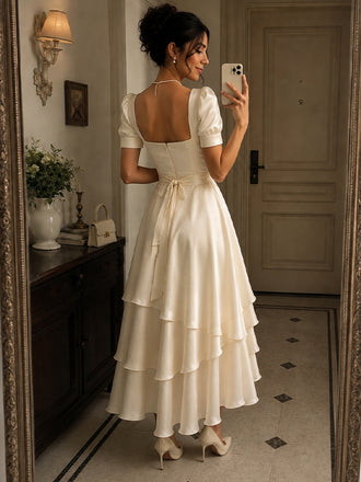 Elegant Ivory A-line Tiered Satin Evening Gown with Sleeves, Prom Dress, WGP2296