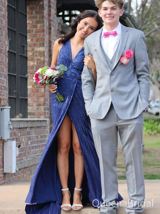 Popular Blue V-neck Slit Mermaid Long Formal Gown to Impress,WGP1792