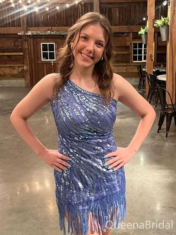 Sparkly Blue One-shoulder Homecoming Dress Graduation Party Dress , QB0914