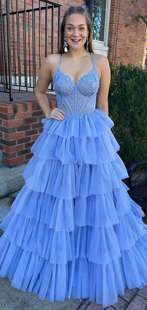 Elegant blue A-line Sweatheart Spaghetti Straps Long Prom Dress to Impress,WGP1734