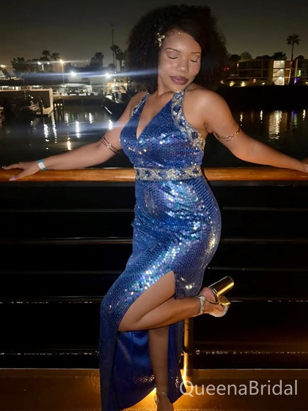 Sparkly Blue V-neck Mermaid Long Formal Gown to Impress,WGP1798