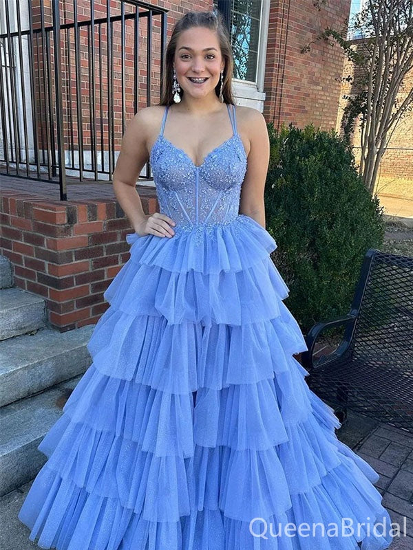 Elegant blue A-line Sweatheart Spaghetti Straps Long Prom Dress to Impress,WGP1734