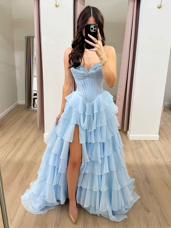 Gorgeous Blue Sweetheart Strapless A-line Purple Ruffled A-line Evening Gown, Prom Dress, WGP2290