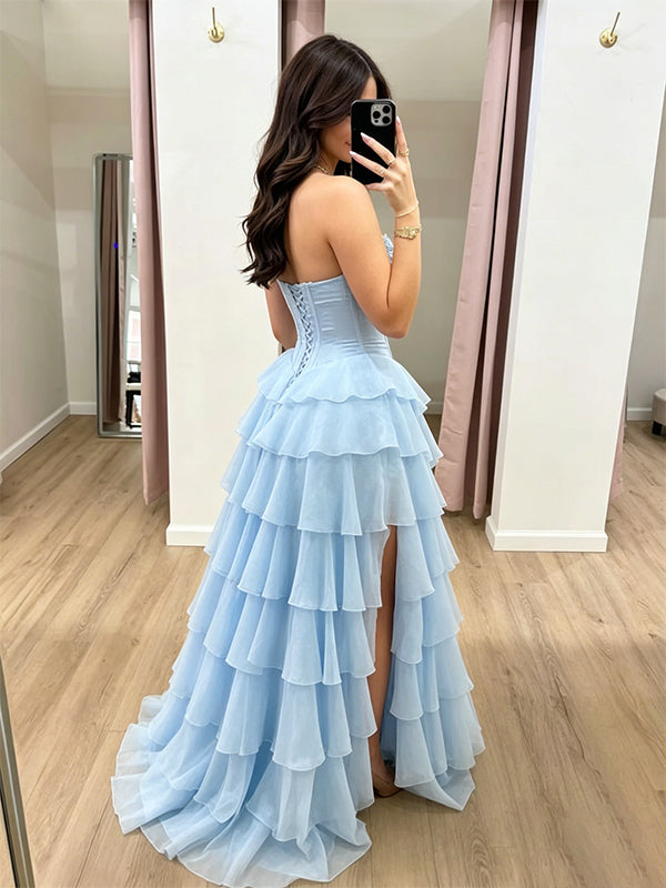 Gorgeous Blue Sweetheart Strapless A-line Purple Ruffled A-line Evening Gown, Prom Dress, WGP2290
