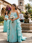 Gorgeous Turquoise Blue Lace Beaded Ruffled Train Strapless Quinceanera Dress, WGP2294