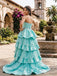 Gorgeous Turquoise Blue Lace Beaded Ruffled Train Strapless Quinceanera Dress, WGP2294