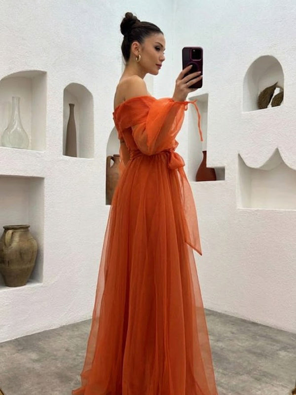 Gorgeous Burnt Orange Off Shoulder Long Sleeves A-line Long Evening Dress with Slit ,WGP1618