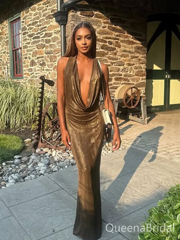 Sparkly Bronze Cowl Neck Mermaid Long Formal Gown to Impress,WGP1828