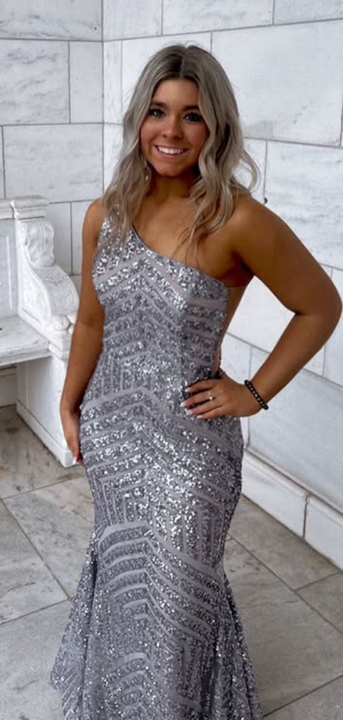 Sparkly Gray One-shoulder Mermaid Long Formal Gown to Impress,WGP1820
